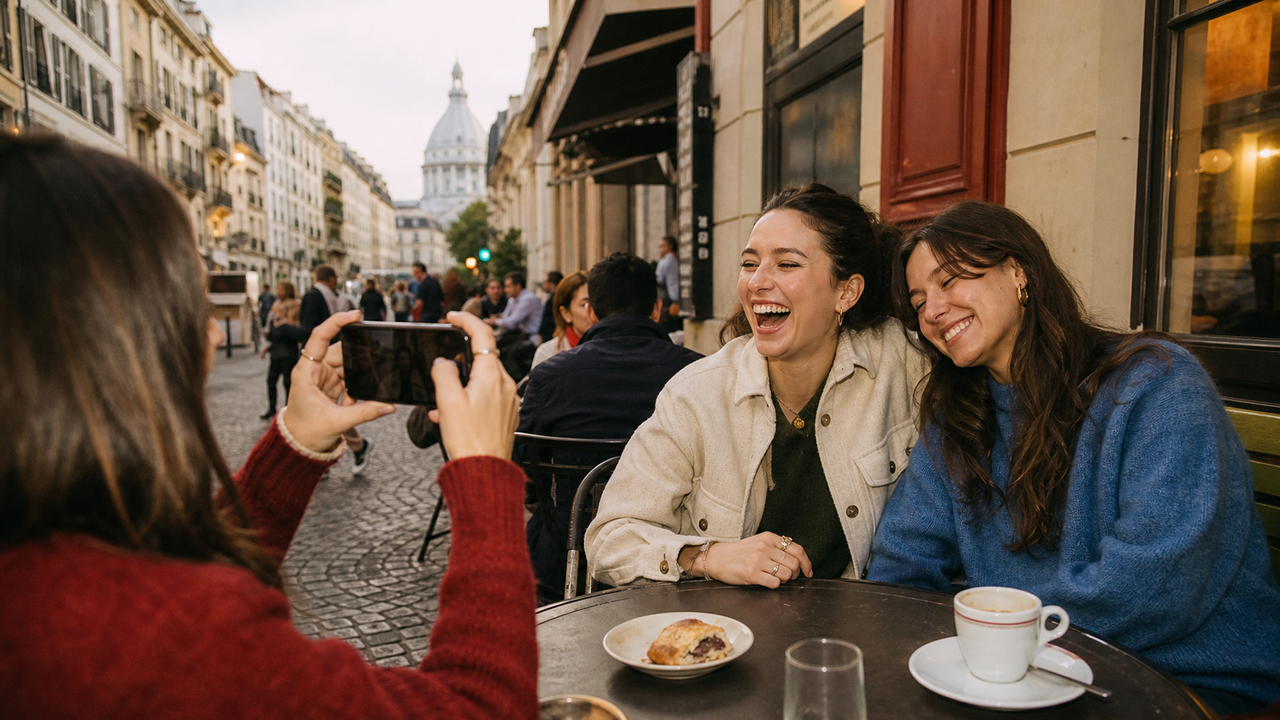 Friends taking candid photos at an outdoor café for a weekly Instagram photo dump