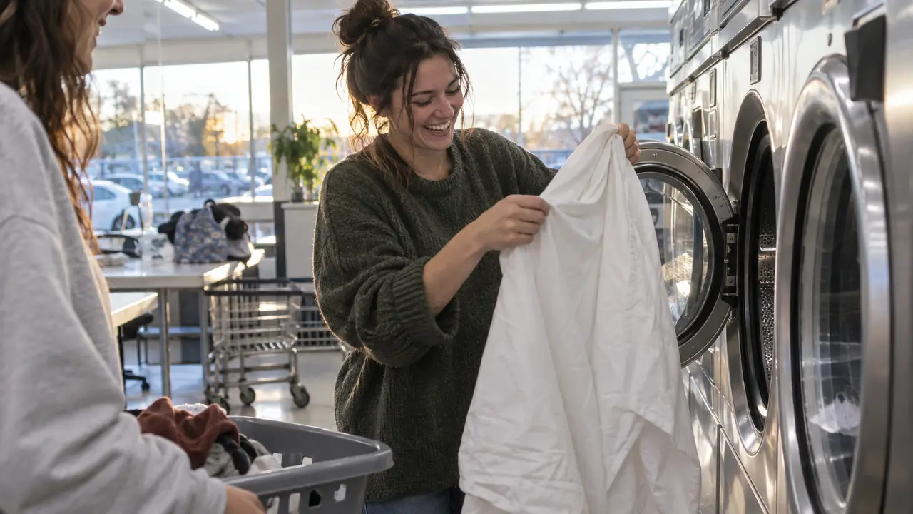 A clear subject and a readable action turn an ordinary laundromat moment into an intentional candid photograph.