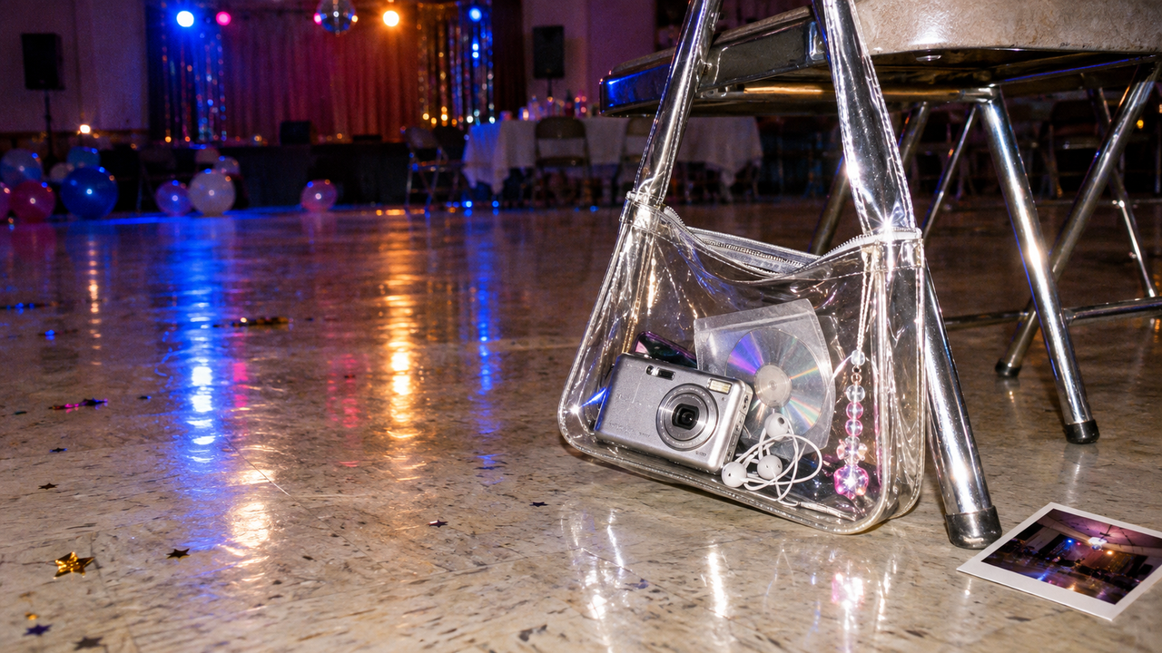 A silver compact camera in a clear shoulder bag beside a chrome chair on a colorful party floor, photographed with direct flash for an early-2000s digicam mood.