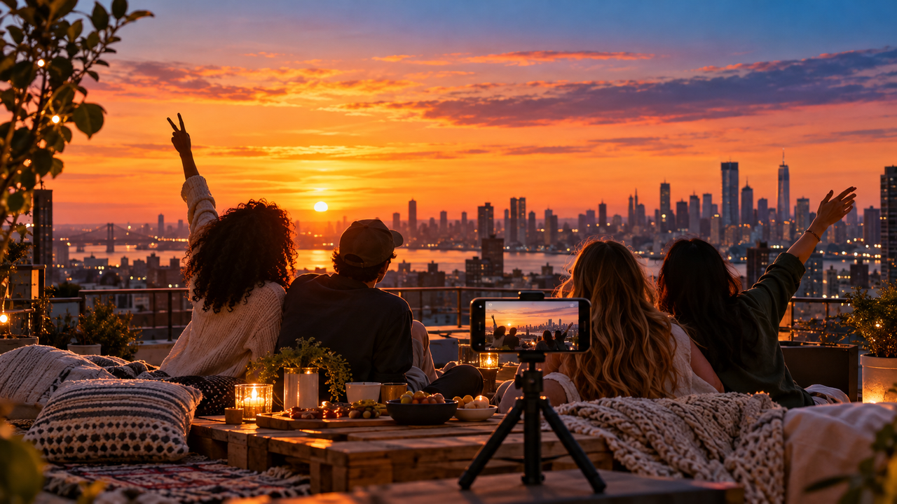 A group of friends gathers around a rooftop picnic while a phone on a tripod frames the skyline at sunset, illustrating the balance between people, sky, timing, and color.