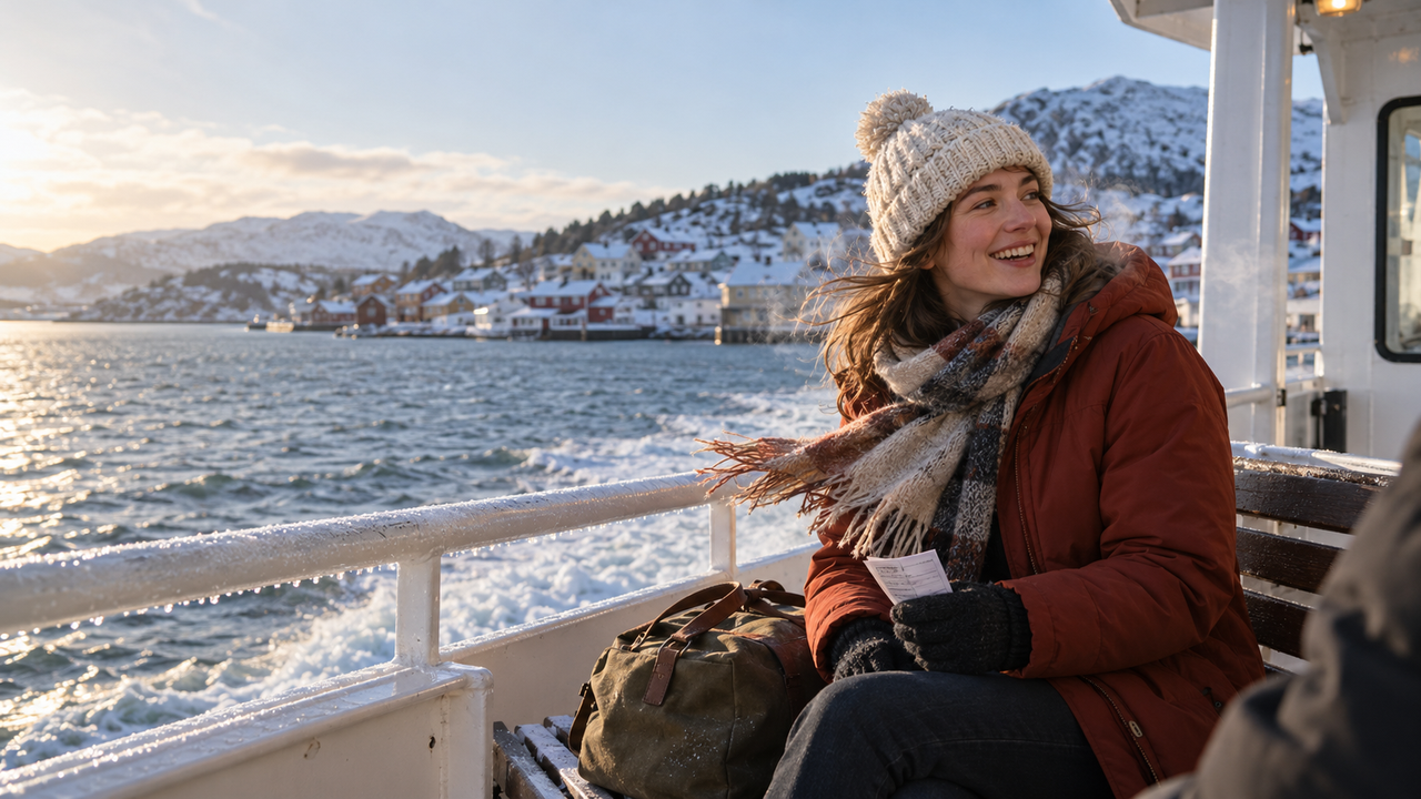 A woman in a rust winter coat and knitted hat sits on a passenger ferry with a weekend bag, cold blue water, and a snow-covered coastal village in the background.
