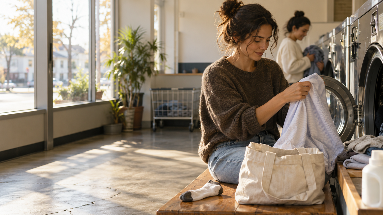 Two friends folding laundry in a sunlit neighborhood laundromat, photographed as a candid everyday moment with natural color, soft contrast, and an authentic lifestyle atmosphere.