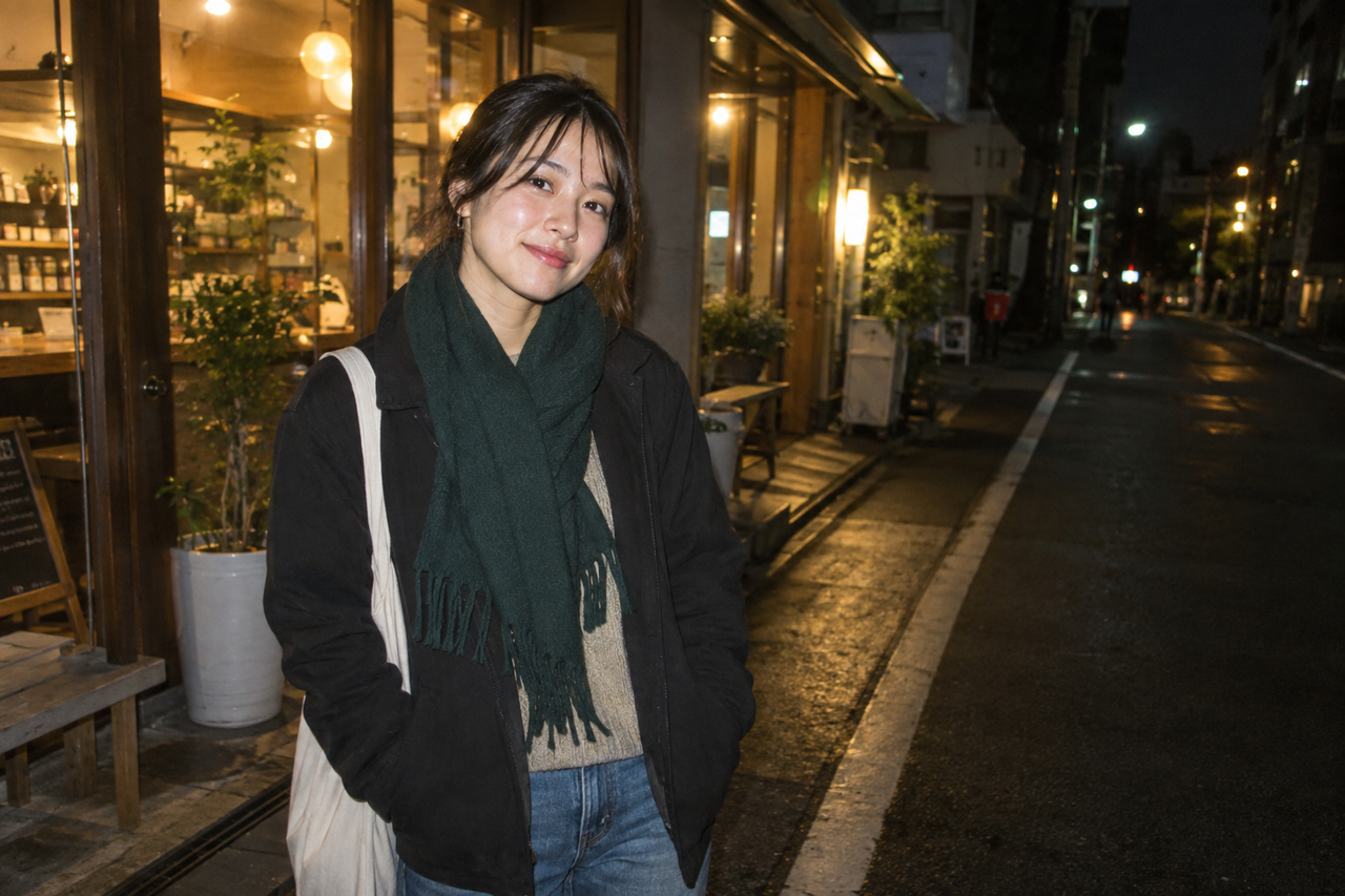 Direct flash brings the nearby subject forward while warm ambient light keeps the night setting visible.
