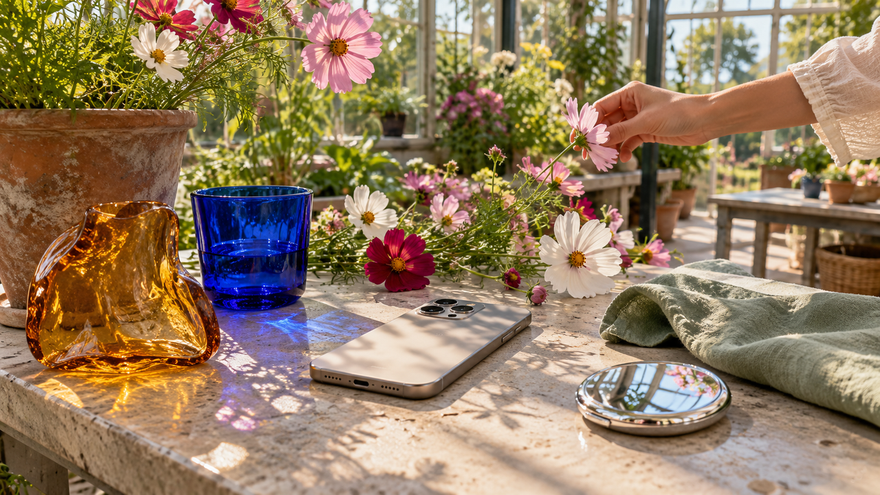 An unbranded iPhone beside flowers, colored glass, and fabric on a sunlit greenhouse styling table.