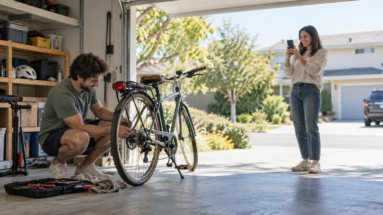 A woman photographs a friend repairing a bicycle in a sunlit home garage with an iPhone.