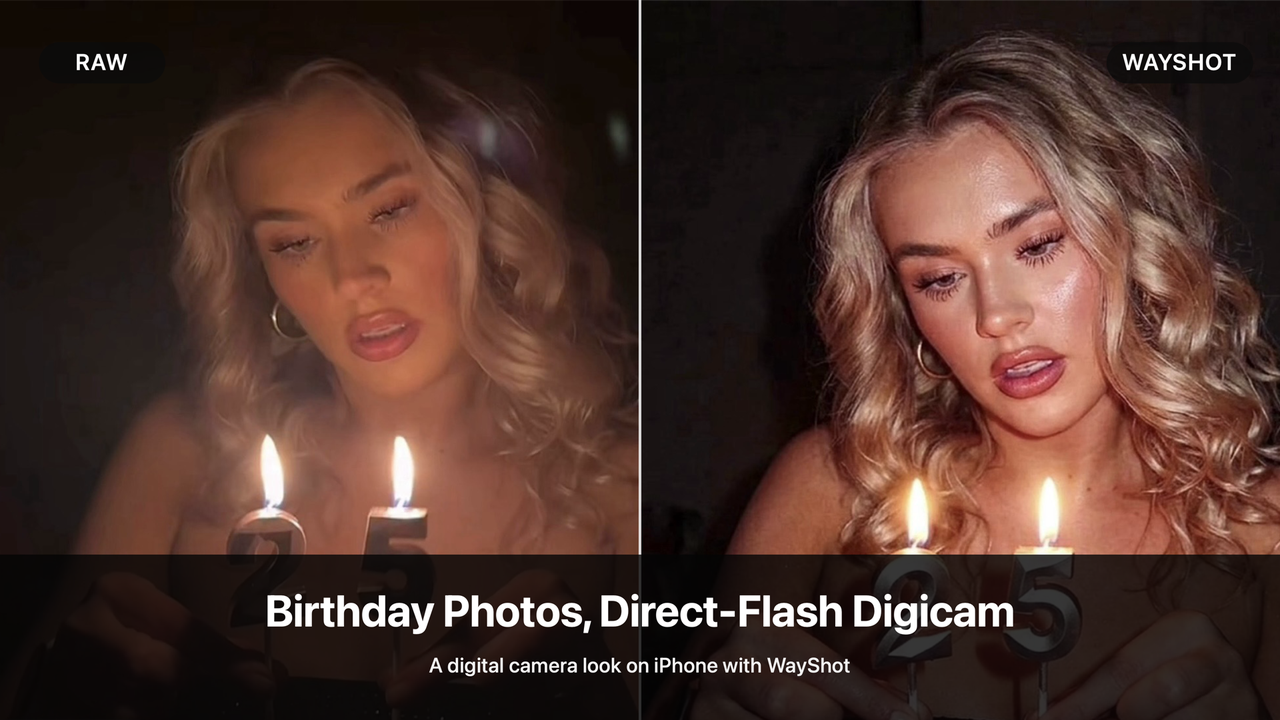 A creator birthday set shows how WayShot can give candlelit portraits, party props, and night-out moments a clearer flash-led direction without carrying a separate digicam.