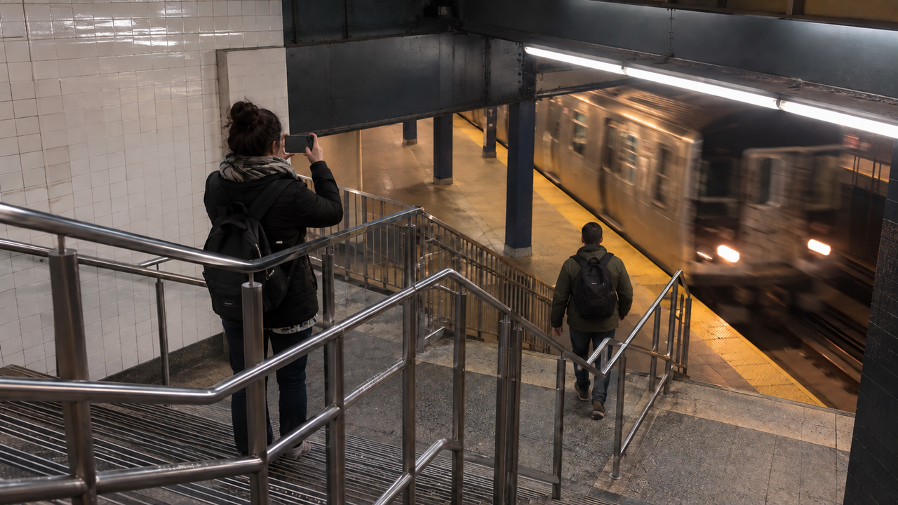 An elevated station view uses stairs, railings, and a moving train to turn an everyday commute into a layered city photograph.