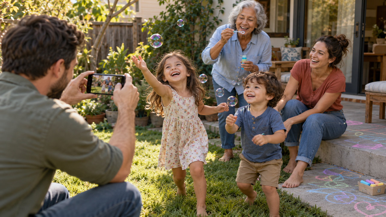 A multigenerational family sharing a candid backyard moment with bubbles and sidewalk chalk while a parent takes a smartphone photo in soft natural daylight.