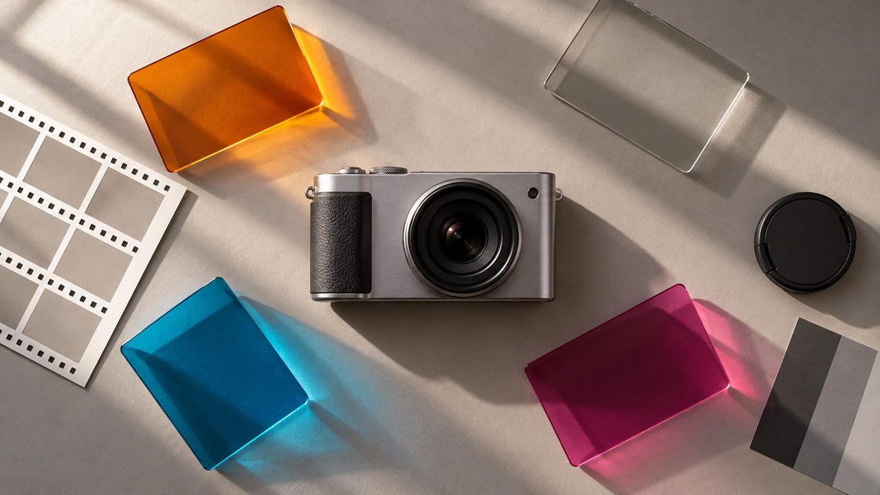 Camera surrounded by colorful optical filters and film strips, representing different color styles and effects available in camera filter apps.