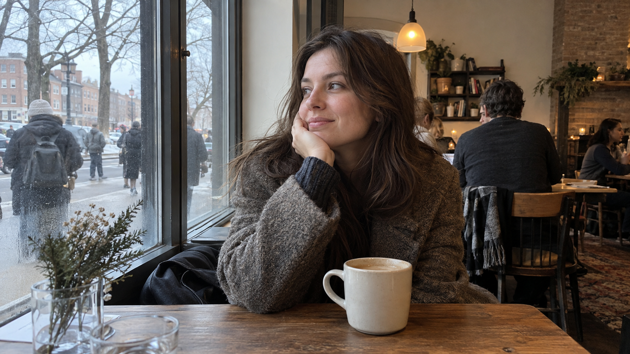 Cool winter daylight shapes the face while a warm café lamp stays in the background as atmosphere.