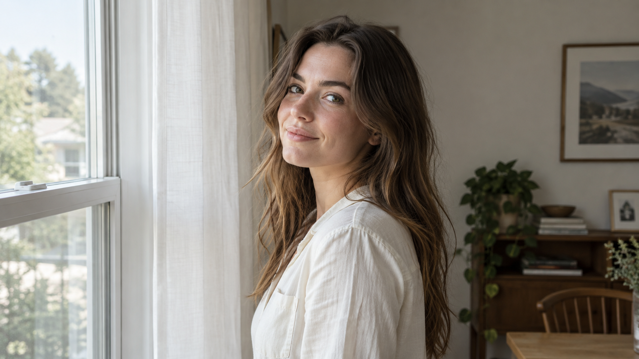 Soft side light from a window gives an iPhone portrait shape while keeping skin tone and room atmosphere believable.