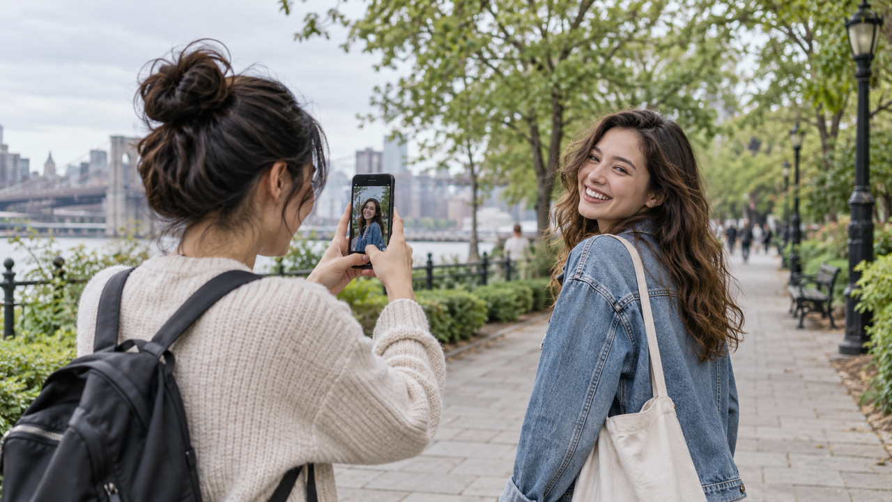 Two friends taking a natural smartphone portrait in a city park under soft overcast light, with realistic skin texture, everyday clothing, and restrained color.