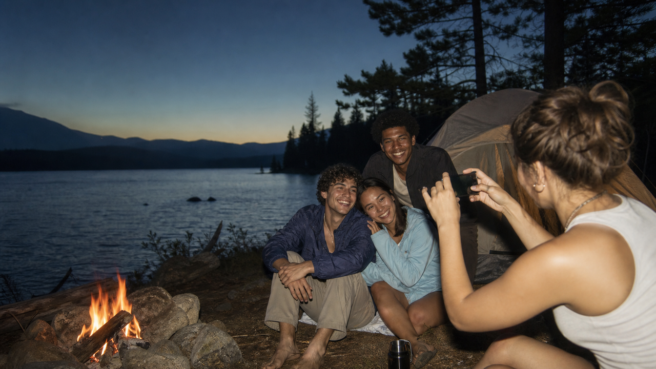 A medium shot captures a group of friends camping by a serene lake at dusk, with a small campfire flickering brightly to the left. In the foreground on the right, a young woman seen from behind is holding up a smartphone horizontally to take a photo. In front of her, three friends are smiling warmly and posing: a young man sitting on the ground next to a woman who leans her head on his shoulder, and another man smiling from behind them near a pitched tent. The background features calm dark blue water reflecting the twilight sky, distant rolling mountains, and towering pine trees under a quiet evening sky.