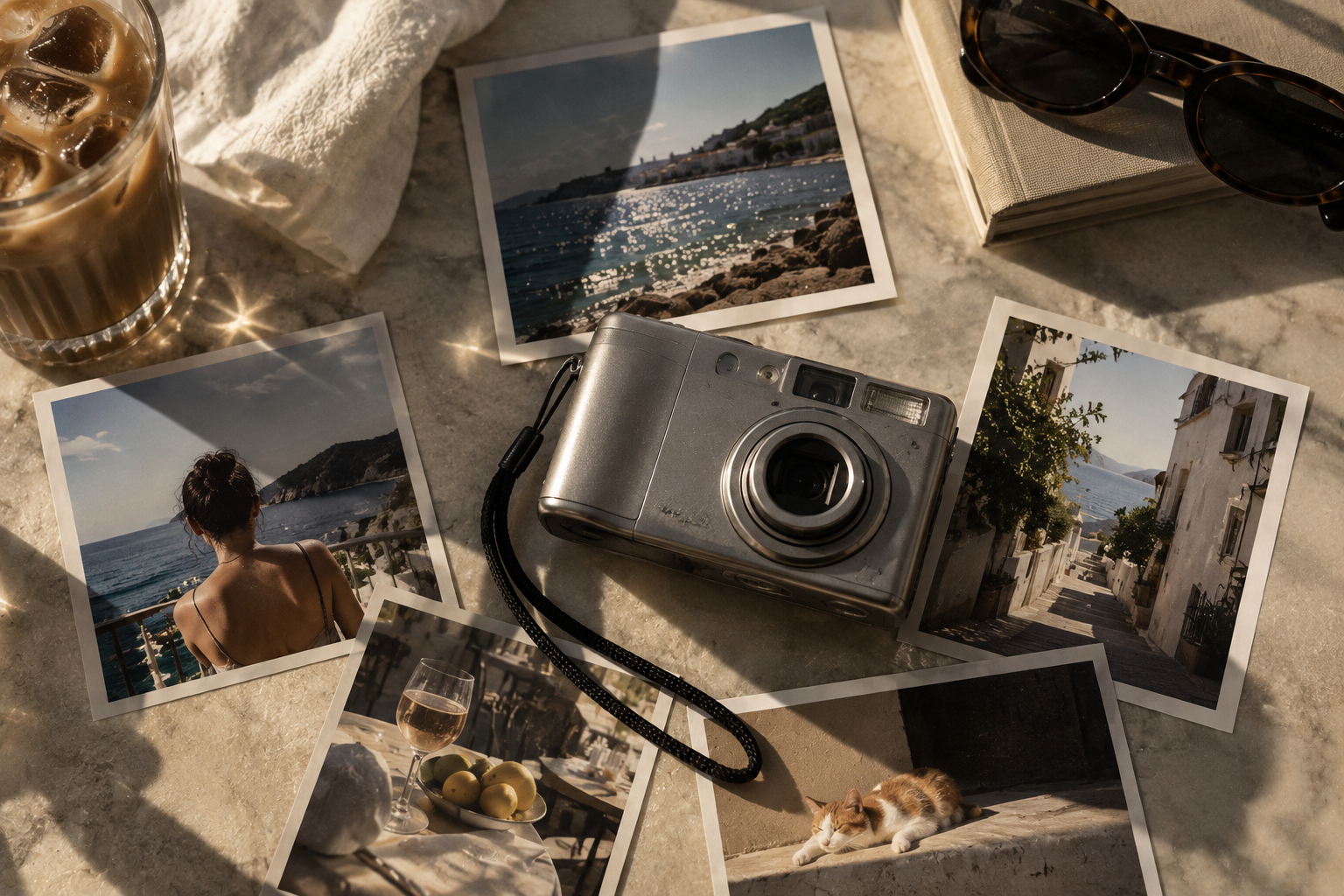 Compact digital camera surrounded by printed travel photos, illustrating the nostalgic digital camera look recreated with iPhone camera apps.
