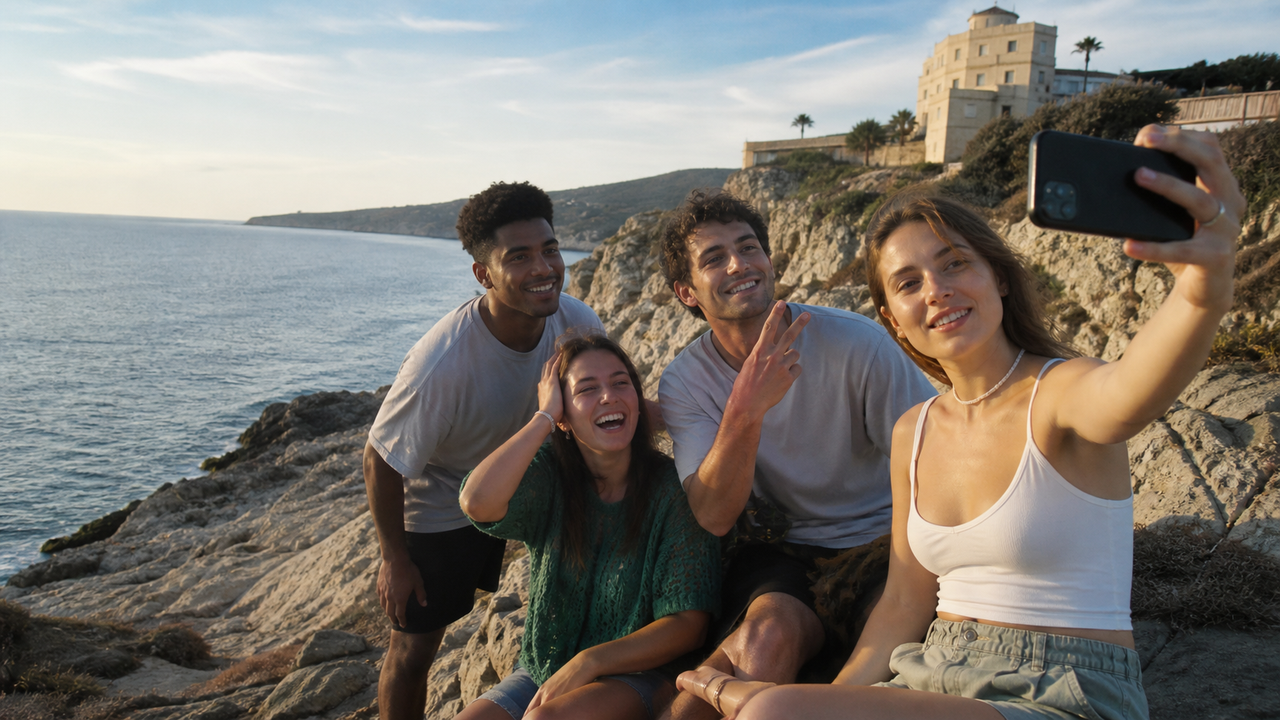 Friends taking a group selfie with a digicam-style camera app for natural-looking photos