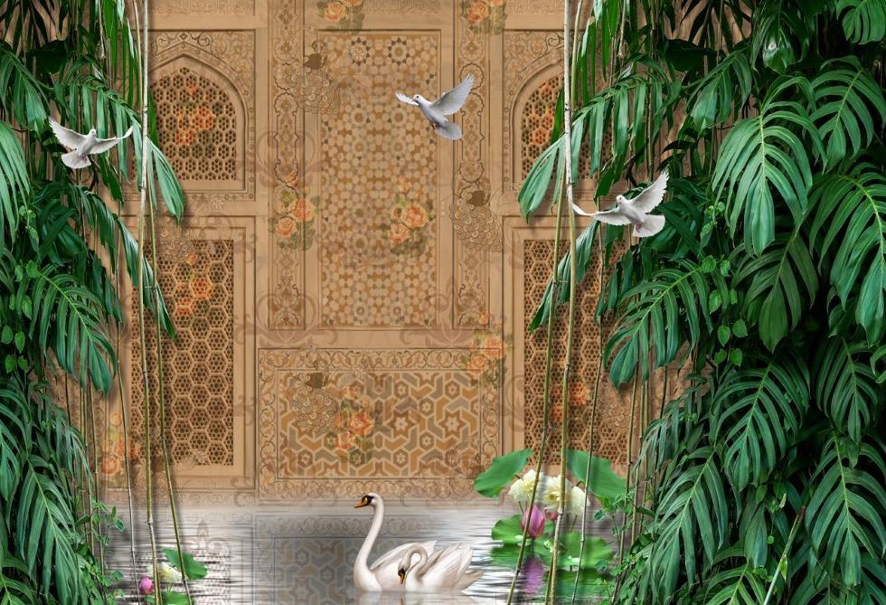 Picture of Indian Ethnic Wallpaper  Green Leaves and mural Wall