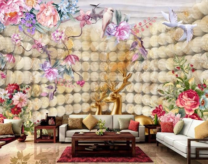 Picture of 3D Floral & Deer Wallpaper 