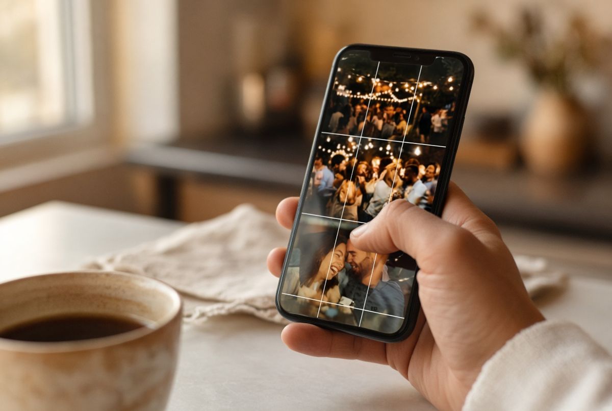 Close-up of a hand scrolling through wedding reception photos on a smartphone, morning after the event, with a cup of coffee blurred in the foreground.