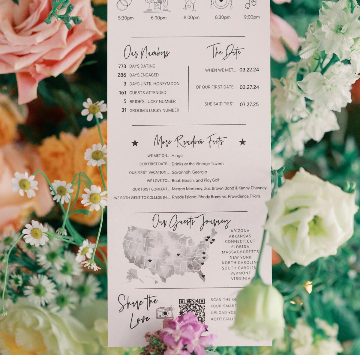A wedding program from Sara's wedding with a QR code inviting guests to share photos