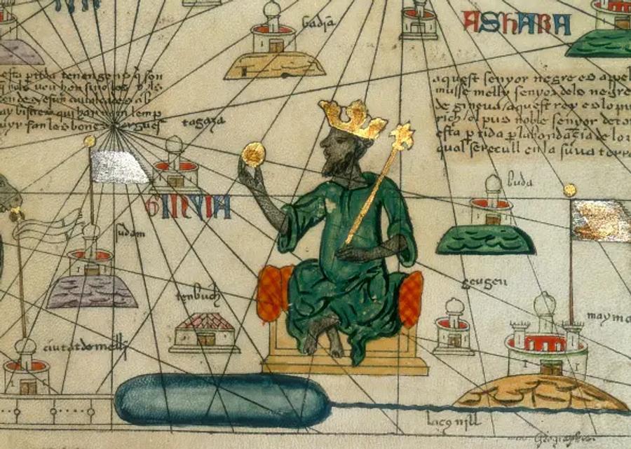 A medieval illustration from an old map. A crowned king sits on a throne, holding a gold coin in one hand and a golden sceptre in the other. Small towers and walled cities surround him, with lines radiating across the parchment and handwritten place names beside them.