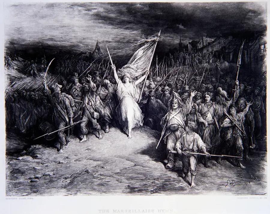 A dramatic black-and-white engraving of an armed crowd marching through a war-torn street, led by a barefoot robed figure raising a flag against a stormy sky. Printed caption at the bottom reads 'The Marseillaise Hymn.'