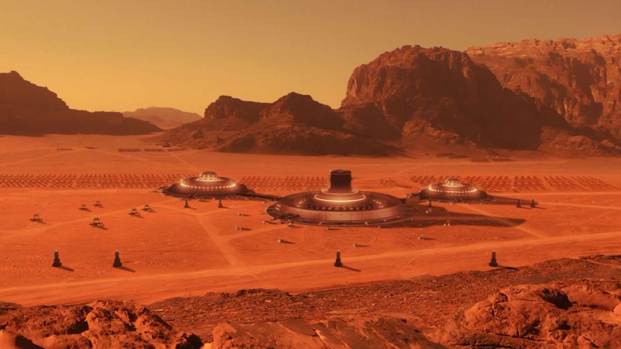 An illustration of a futuristic settlement of round, glowing domes on an orange, rocky desert landscape, like a base on Mars.