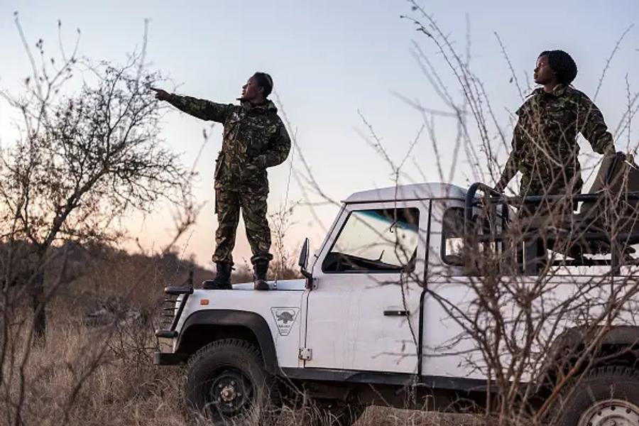 Two women in camouflage uniforms standing on and beside a white safari truck at dusk. One points into the distance across dry bushland while the other looks on.
