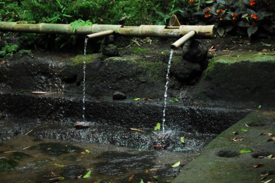 Water pouring from bamboo pipes onto mossy rocks.