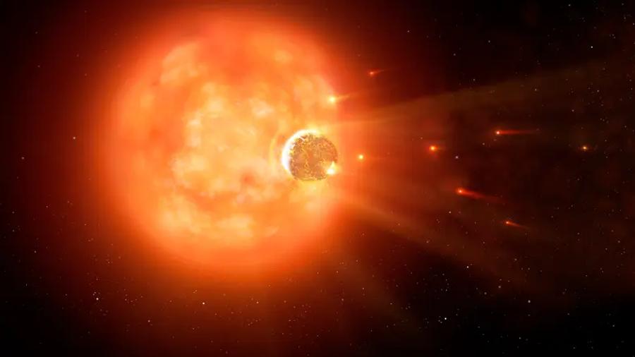 A red giant star swallowing a scorched planet.