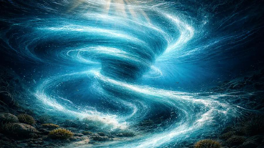 A stylised underwater whirlpool with swirling turquoise currents and sunbeams filtering down from the surface, above a rocky seafloor with coral or anemones in the foreground.