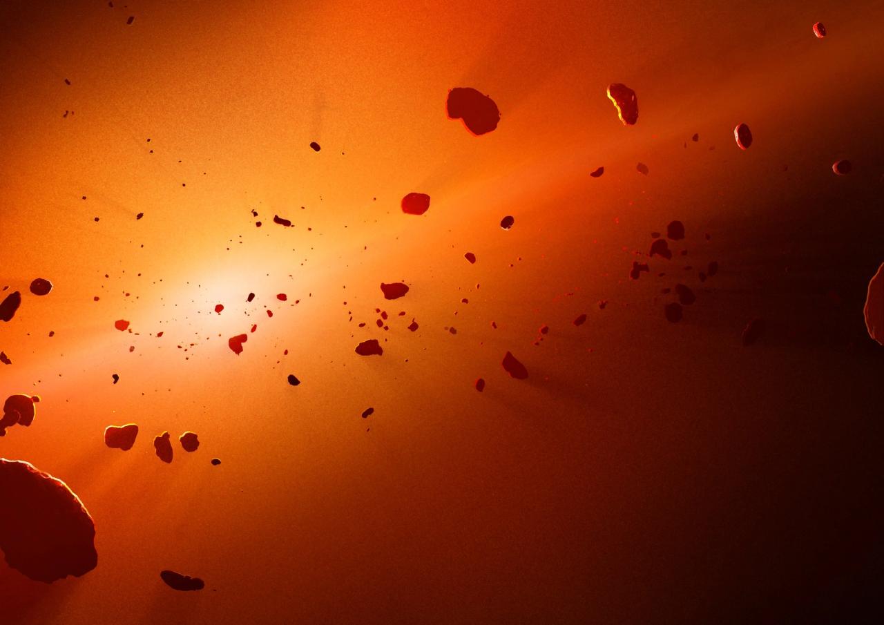 Space rocks pulled towards a yellow light