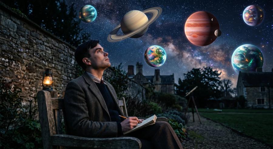 a man writing in his notebook whilst looking up into the starry night sky where he can see the planets and the milky-way