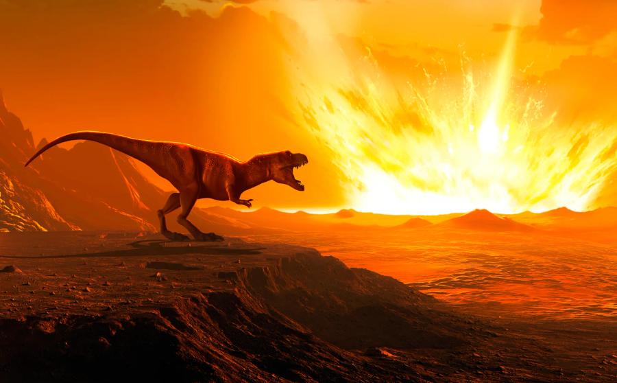 a dinosaur looking into a pit filled with lava and fire