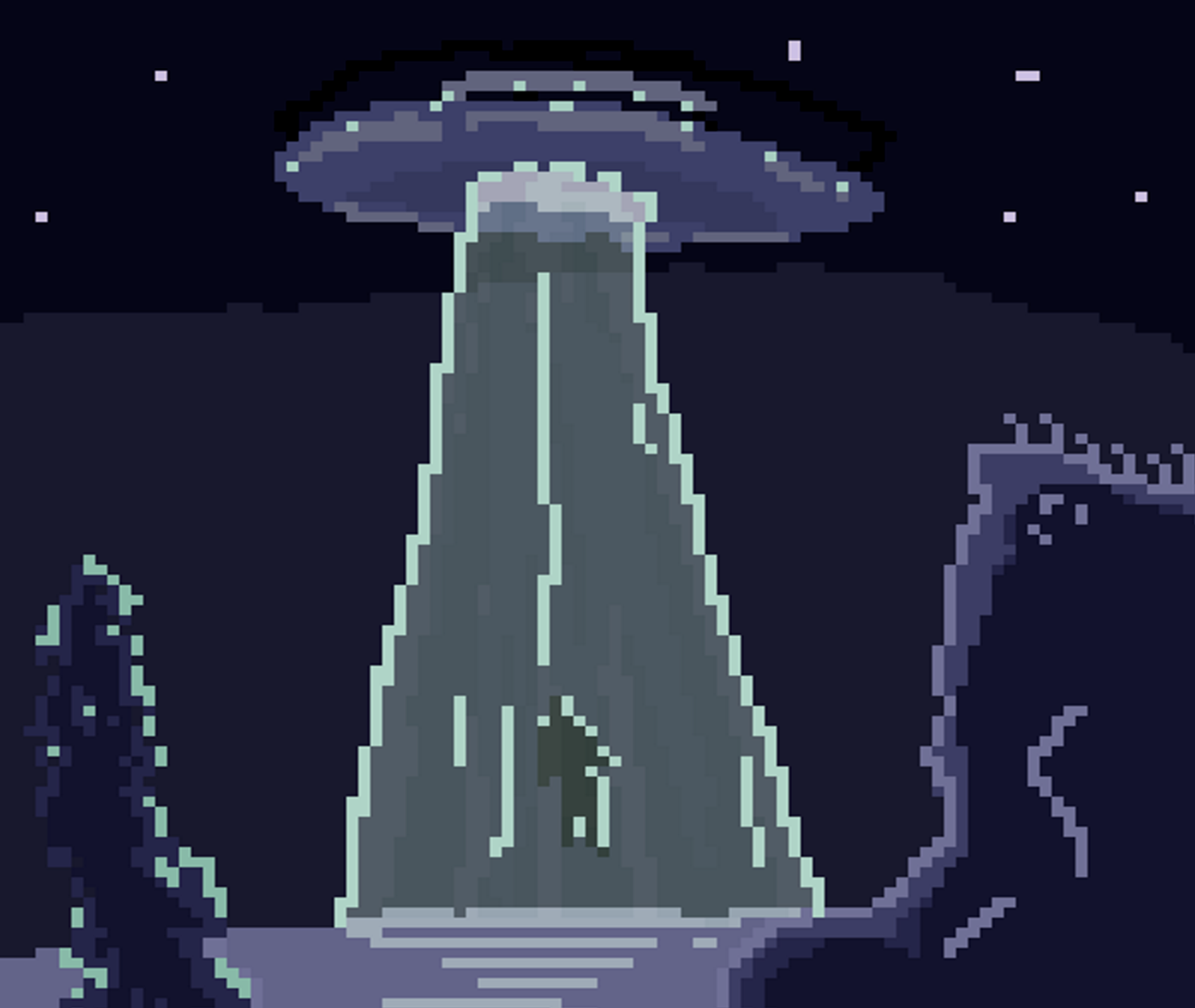 Pixel art image of a UFO obduction