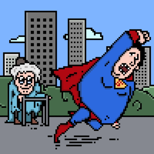 Pixel art of a failed super hero