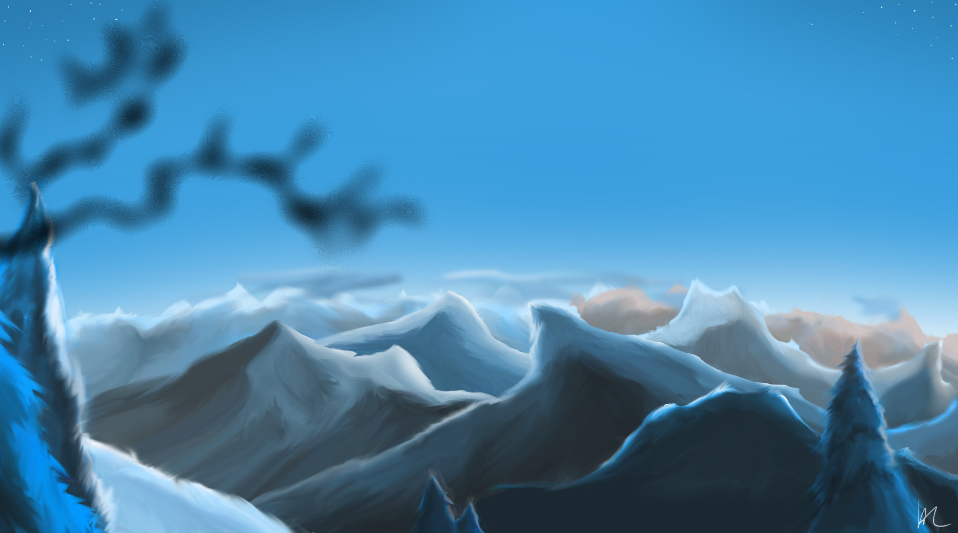 Illustrasjon av blå fjellkjede