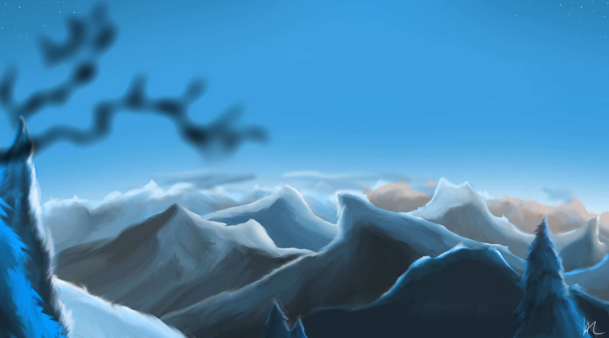 Illustrasjon av blå fjellkjede