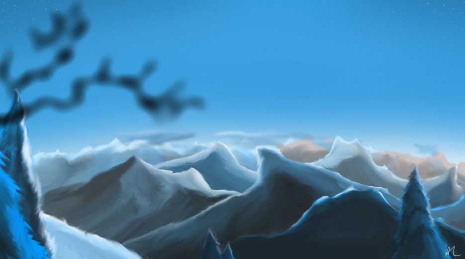 Illustrasjon av blå fjellkjede
