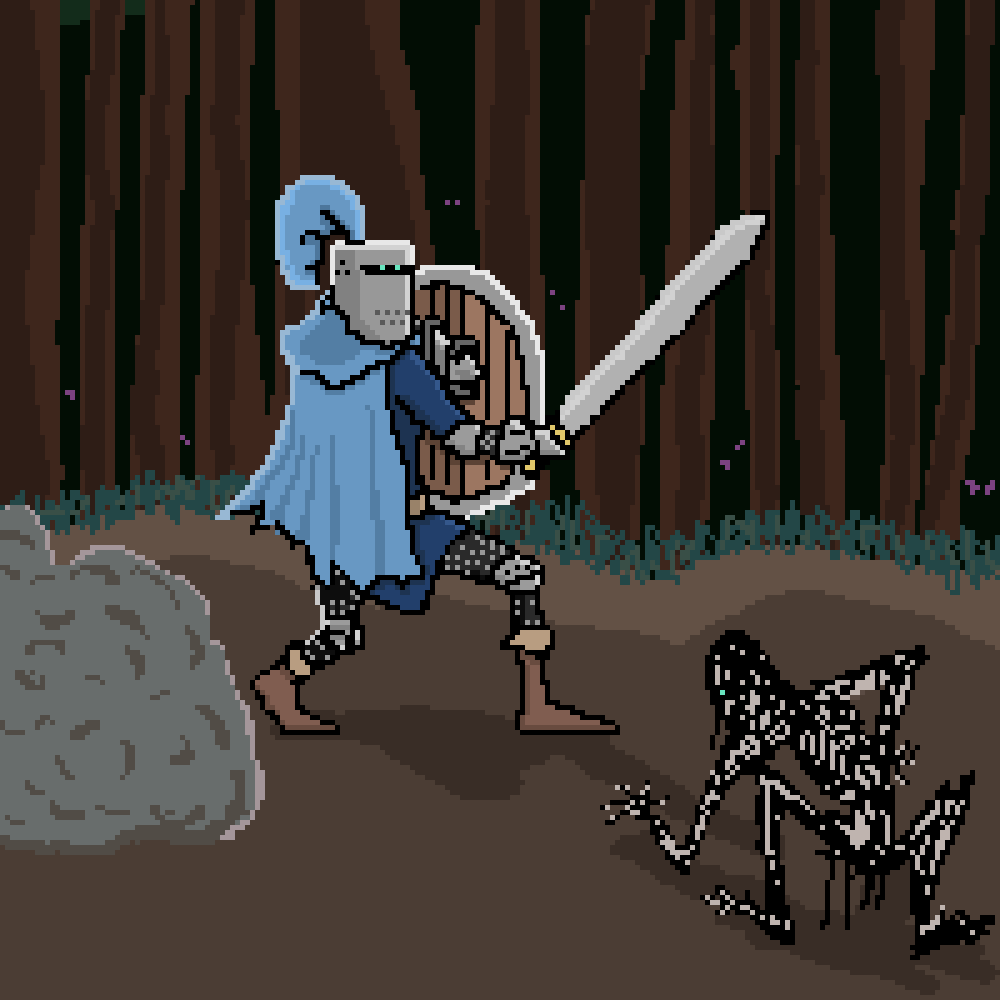 Pixel art scene of a knight fight a creature