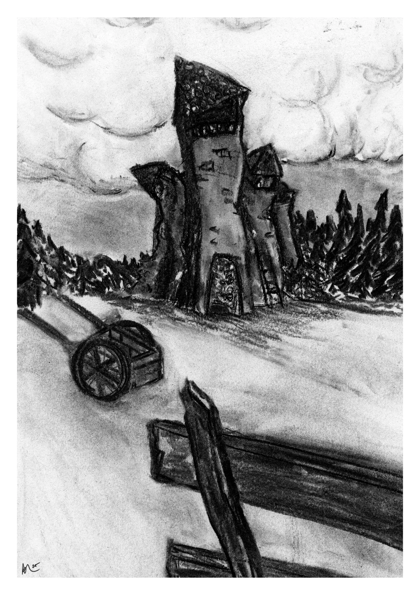 Charcoal artwork of castle ruins