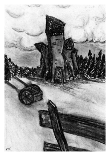 Charcoal artwork of castle ruins