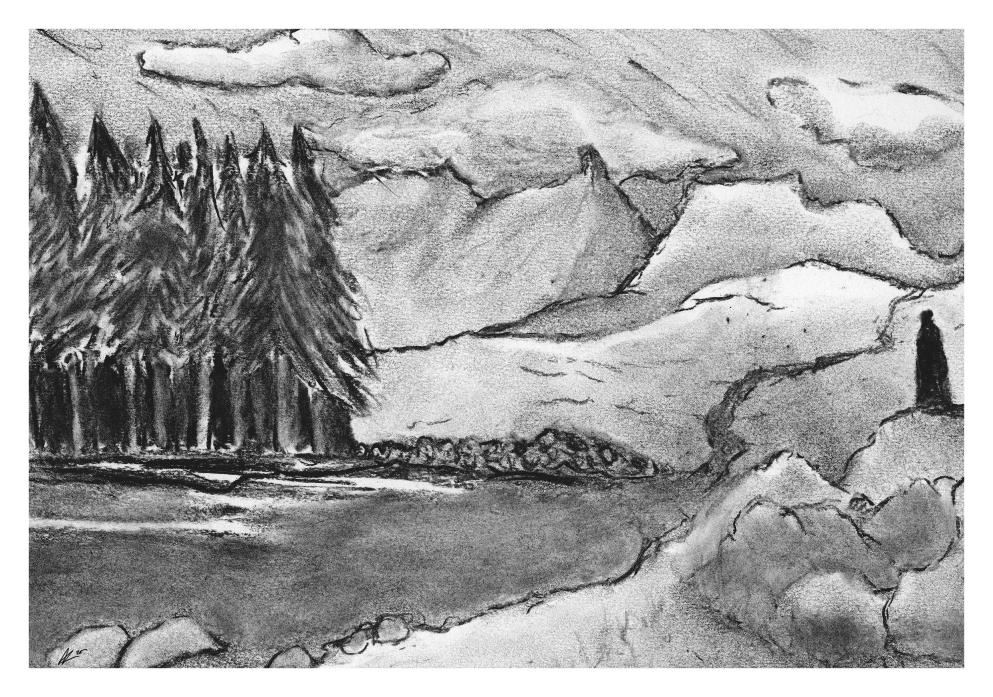 Charcoal Ladscape of a Cove