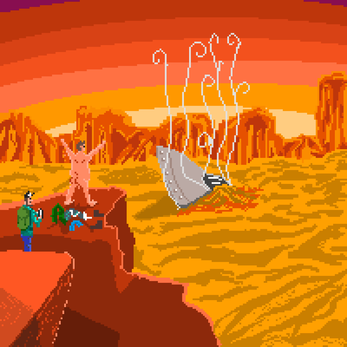 Pixel art of someone streaking in front of a ufo crash