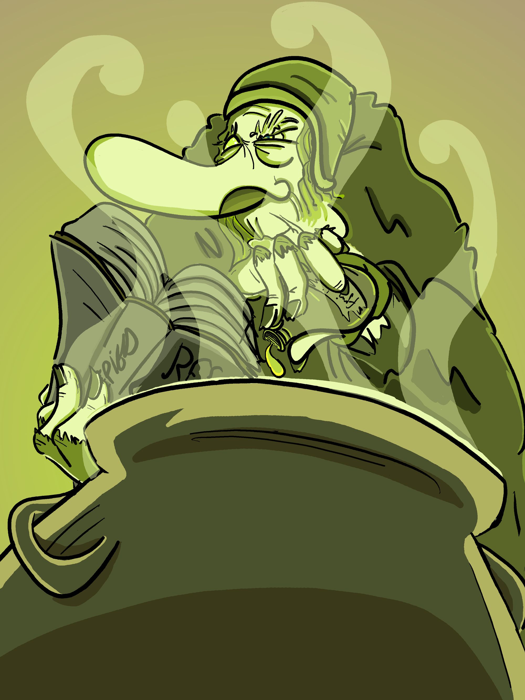 Illustration of a old witch making potions