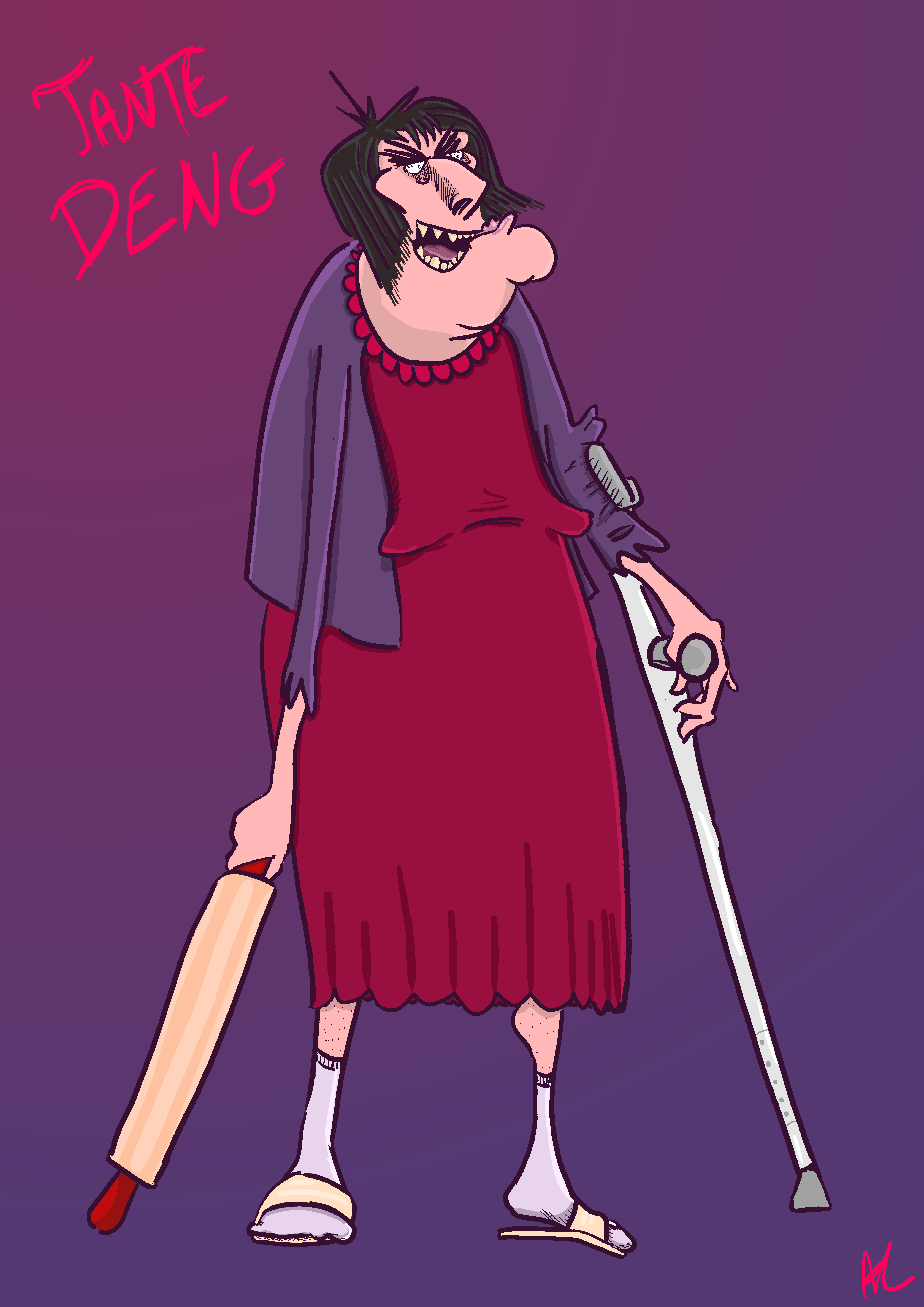 Evil aunt with a crutch and a rolling pin