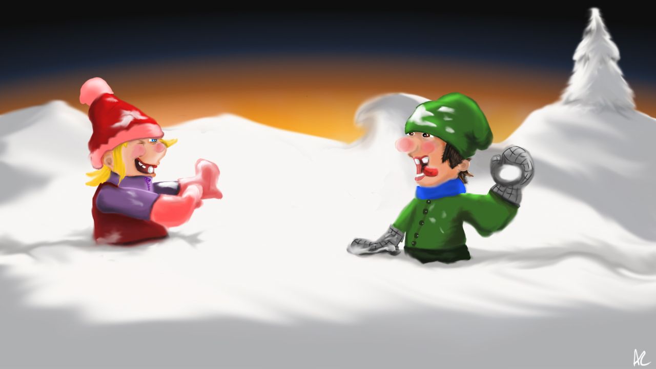 Illustration of two kids playing in the snow