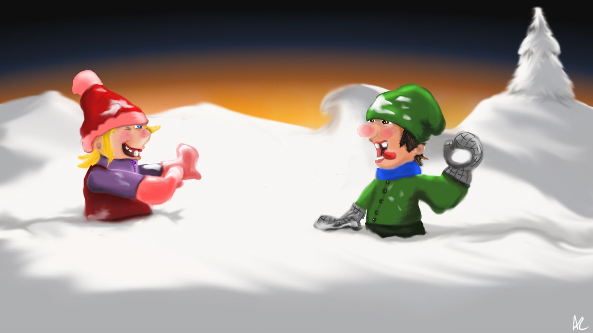 Illustration of two kids playing in the snow