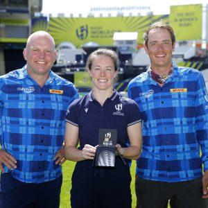 AUCKLAND, NEW ZEALAND - OCTOBER 08: Adam Nunn and Ron Rutland pose with match referee Maggie Cogger-Orr who is holding the official whistle for the first match ahead of the Pool C Rugby World Cup 2021 New Zealand match between South Africa and France at Eden Park on October 08, 2022, in Auckland, New Zealand. (Photo by Hagen Hopkins - World Rugby/World Rugby via Getty Images)