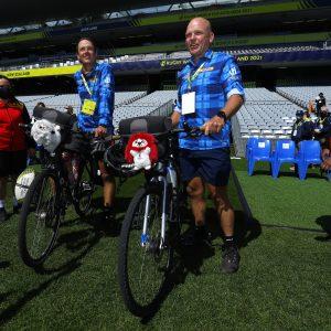 AUCKLAND, NEW ZEALAND - OCTOBER 08: (L-R) Adam Nunn and Ron Rutland enter Eden Park as they deliver the official whistle for the first match ahead of the Pool C Rugby World Cup 2021 New Zealand match between South Africa and France at Eden Park on October 08, 2022, in Auckland, New Zealand. (Photo by Hagen Hopkins - World Rugby/World Rugby via Getty Images)
