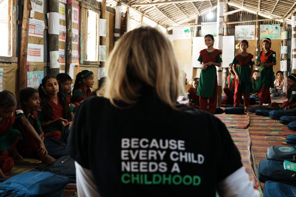 ChildFund Australia’s Chief Development Officer, Corinne Habel, pictured above, hears from girls about their dreams for the future in Kutupalong refugee camp. (ChildFund Australia) Source: ChildFund Australia